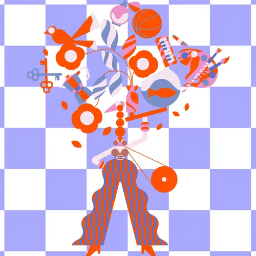 Abstract geometric shapes and figure on checkered background by Yordanka Poleganova