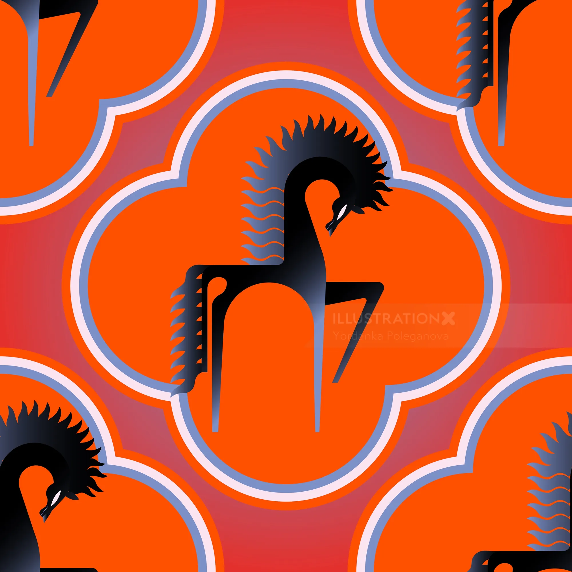 Abstract stylized horse illustration on an orange background by Yordanka Poleganova