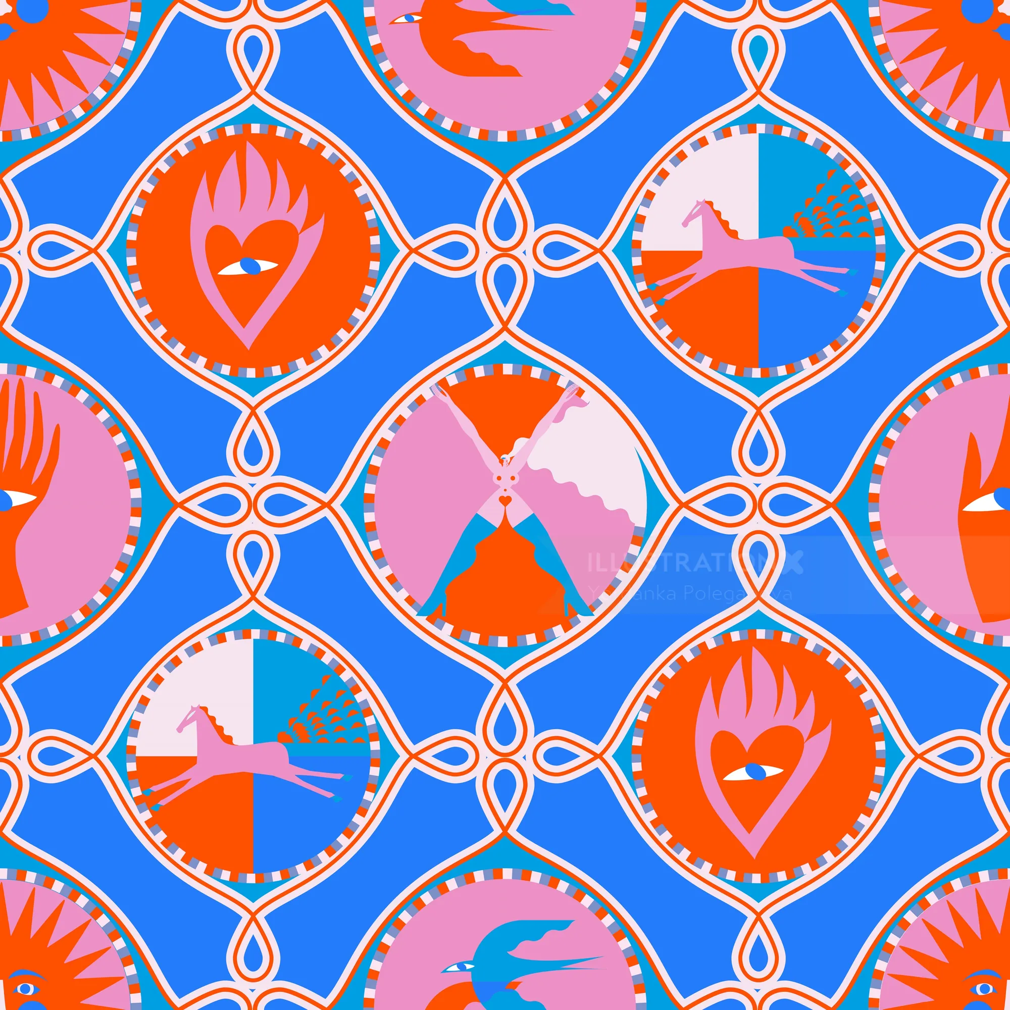 Geometric pattern with hearts and horses in orange, pink, and blue by Yordanka Poleganova