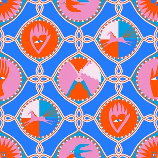 Geometric pattern with hearts and horses in orange, pink, and blue by Yordanka Poleganova