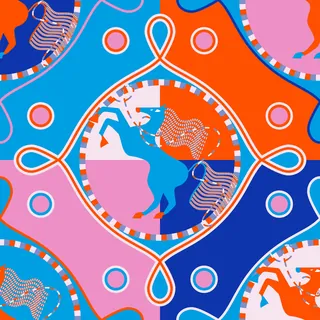 Abstract colorful horses in circular designs by Yordanka Poleganova
