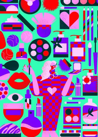 Abstract colorful cosmetics and beauty tools illustration.