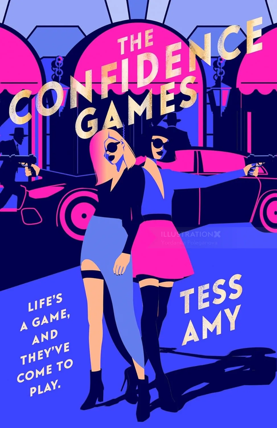 Two confident women posing in colorful city nightlife setting.
