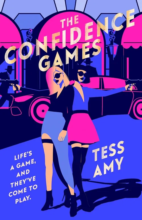 Two confident women posing in colorful city nightlife setting.