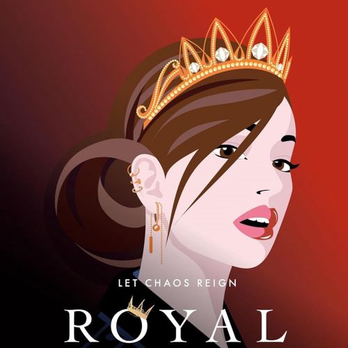 Crowned woman with jewelry and intense expression on red background