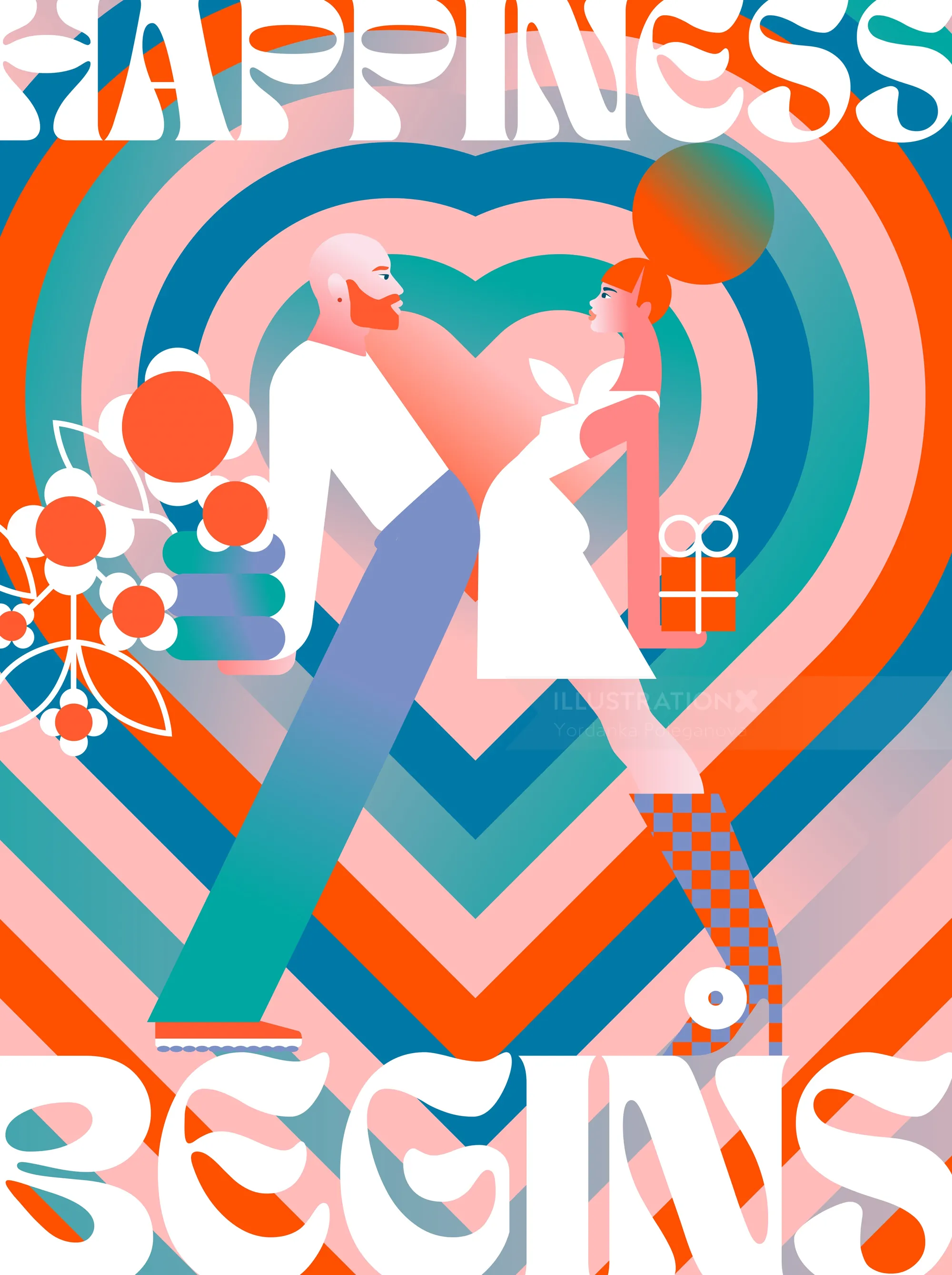 Couple holding hands with hearts and happiness background.