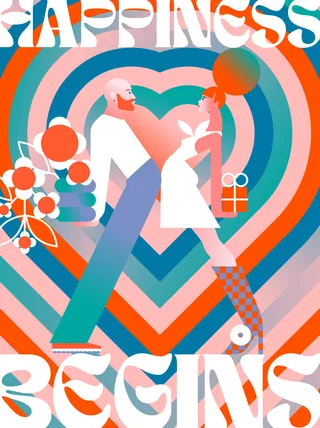 Couple holding hands with hearts and happiness background.