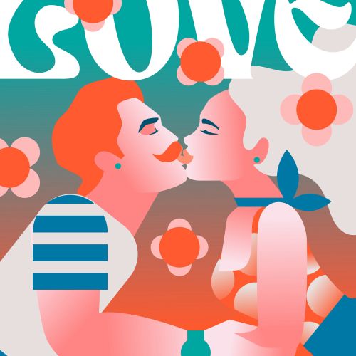 Illustration of a couple embracing with flowers and 'Love is Back' text