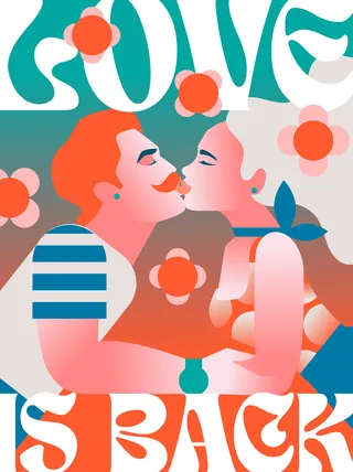 Illustration of a couple embracing with flowers and 'Love is Back' text