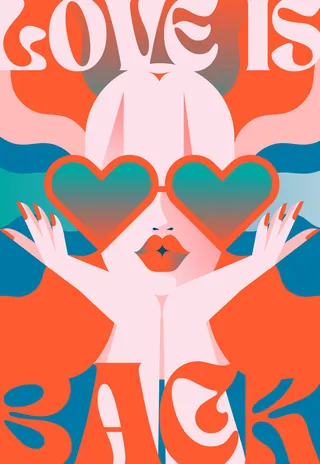 Woman wearing heart-shaped sunglasses with text 'Love is Back' in vibrant colors