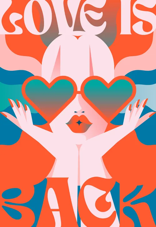 Woman wearing heart-shaped sunglasses with text 'Love is Back' in vibrant colors