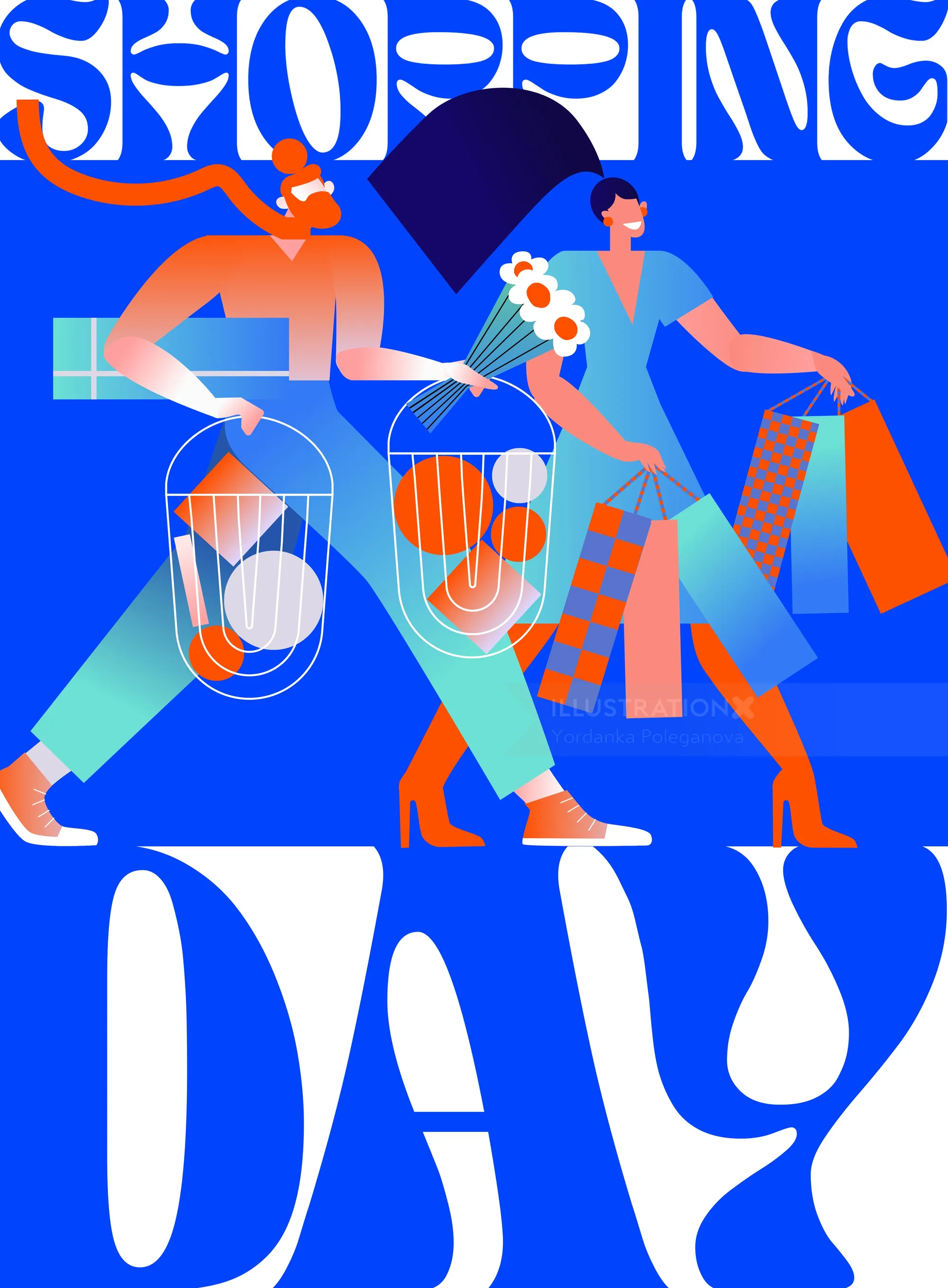 Two stylized people walking with shopping bags and flowers on blue background.