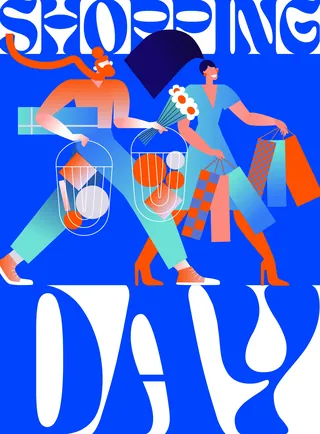 Two stylized people walking with shopping bags and flowers on blue background.