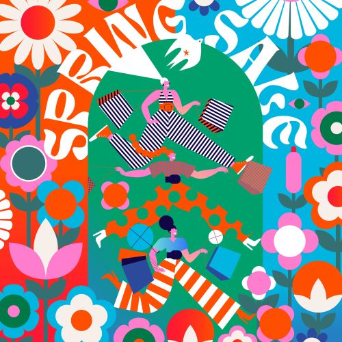 Vibrant spring illustration with flowers and two people enjoying outdoors