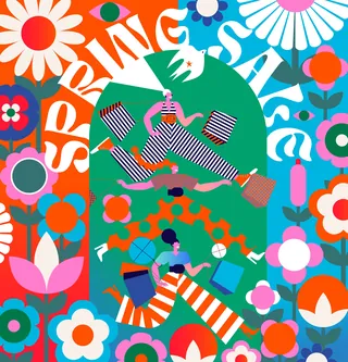 Vibrant spring illustration with flowers and two people enjoying outdoors