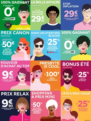 Illustrated people with various promotional discount offers and prices