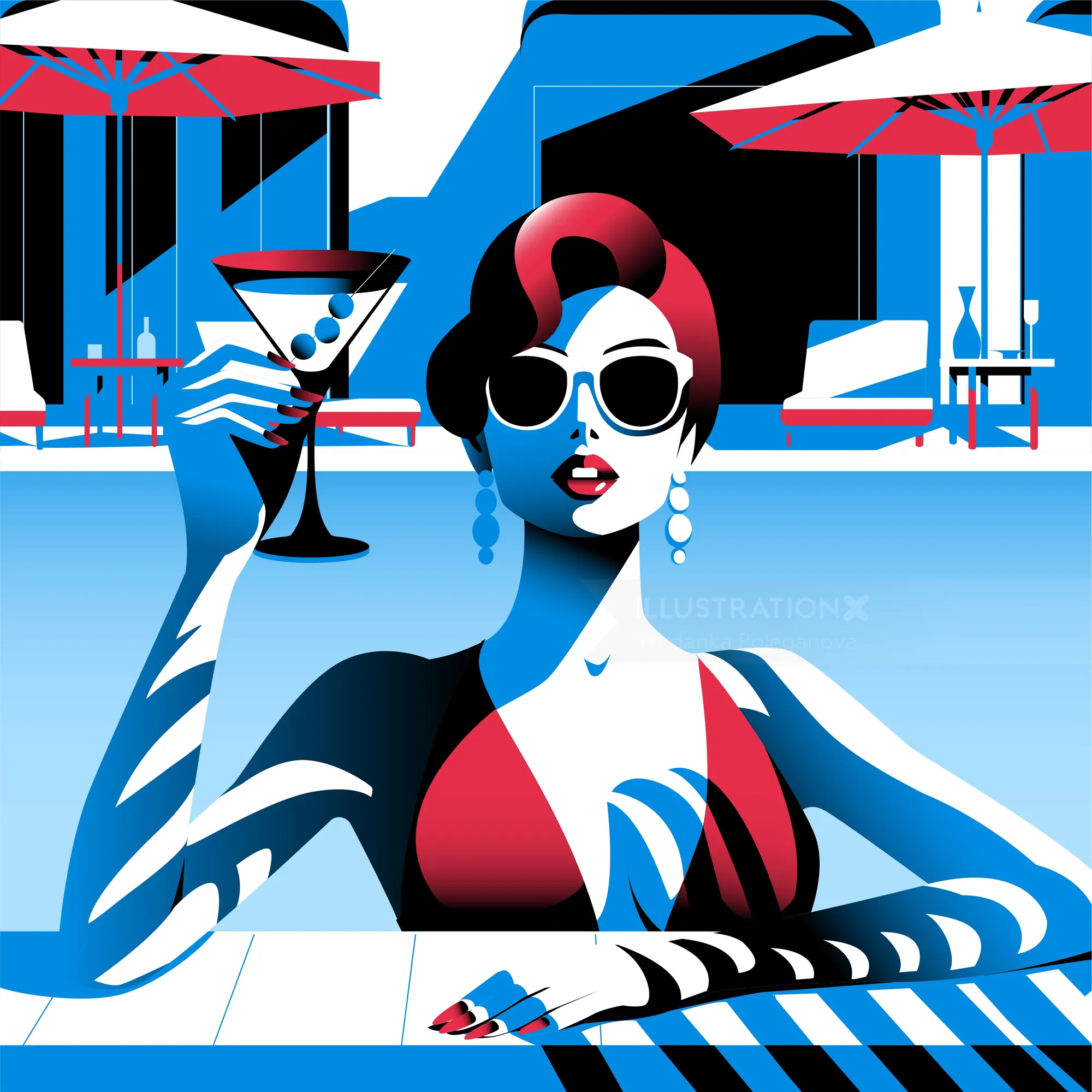 Woman in sunglasses holding a cocktail glass by the pool