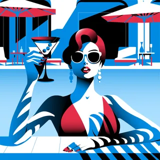 Woman in sunglasses holding a cocktail glass by the pool
