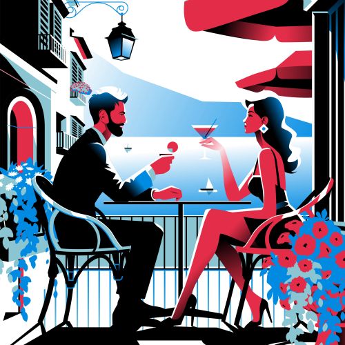 Couple sitting at outdoor cafe table having drinks