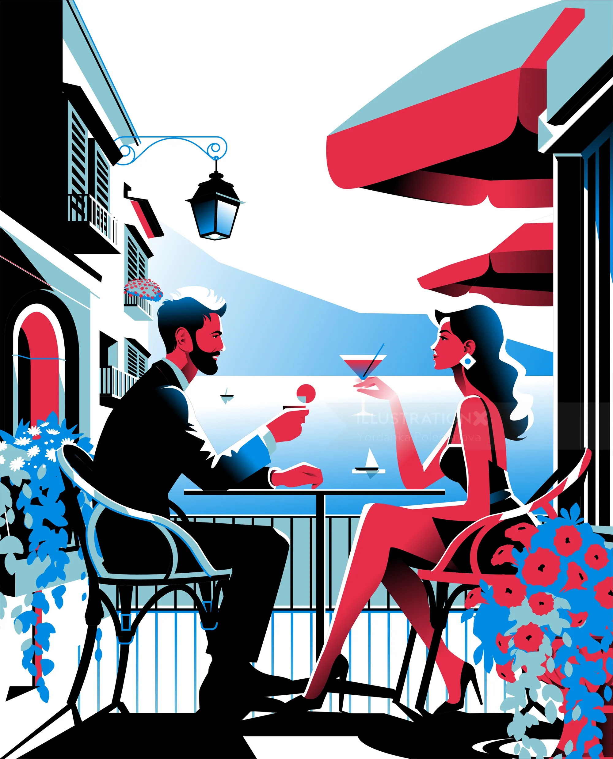 Couple sitting at outdoor cafe table having drinks