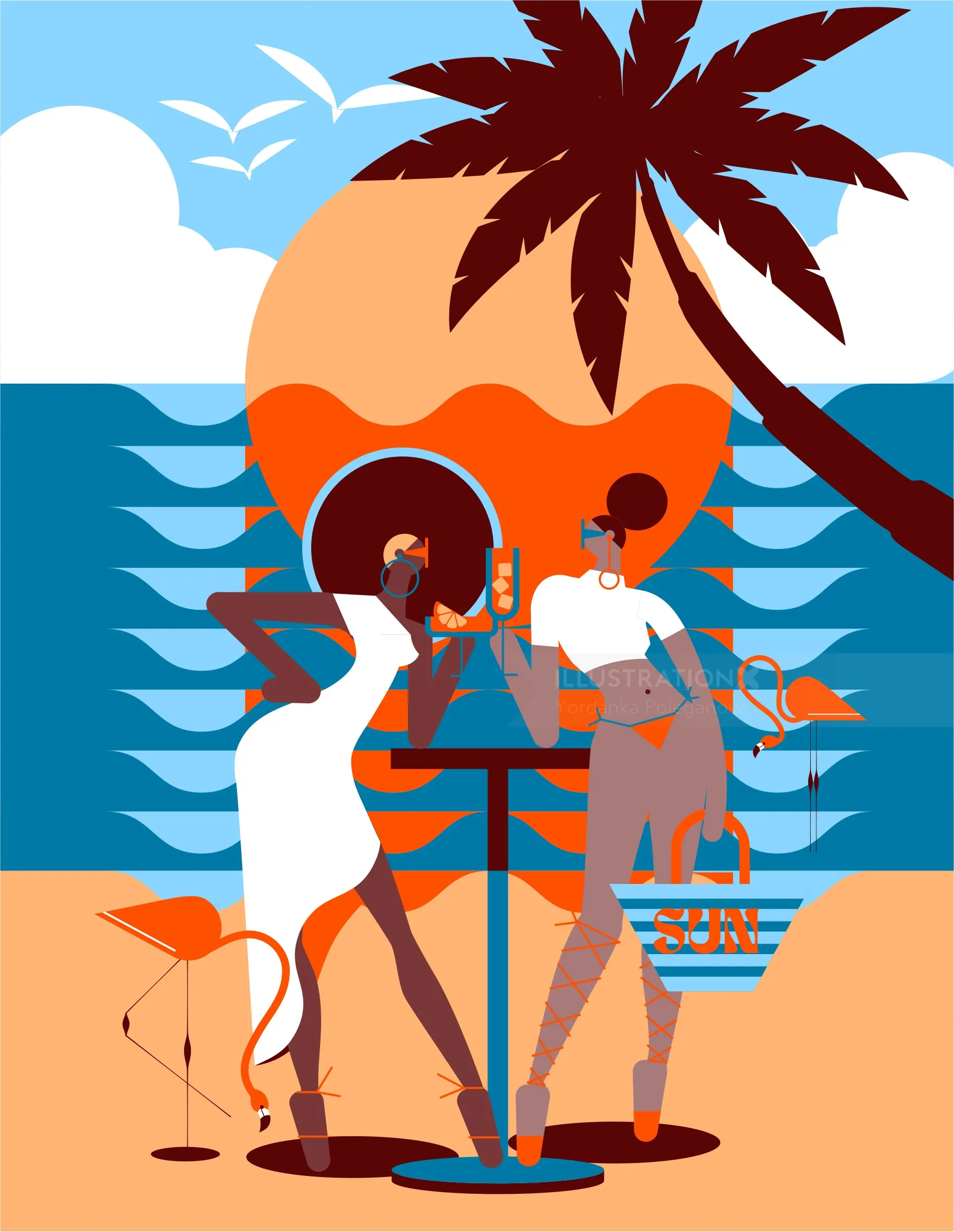Two women with drinks at beach bar under palm tree at sunset