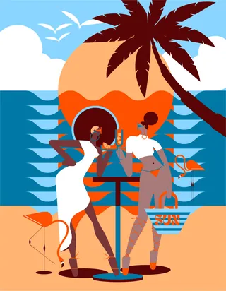 Two women with drinks at beach bar under palm tree at sunset