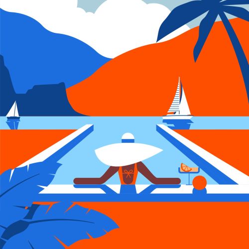 Person lounging at pool with sailboats, palm tree, and mountains