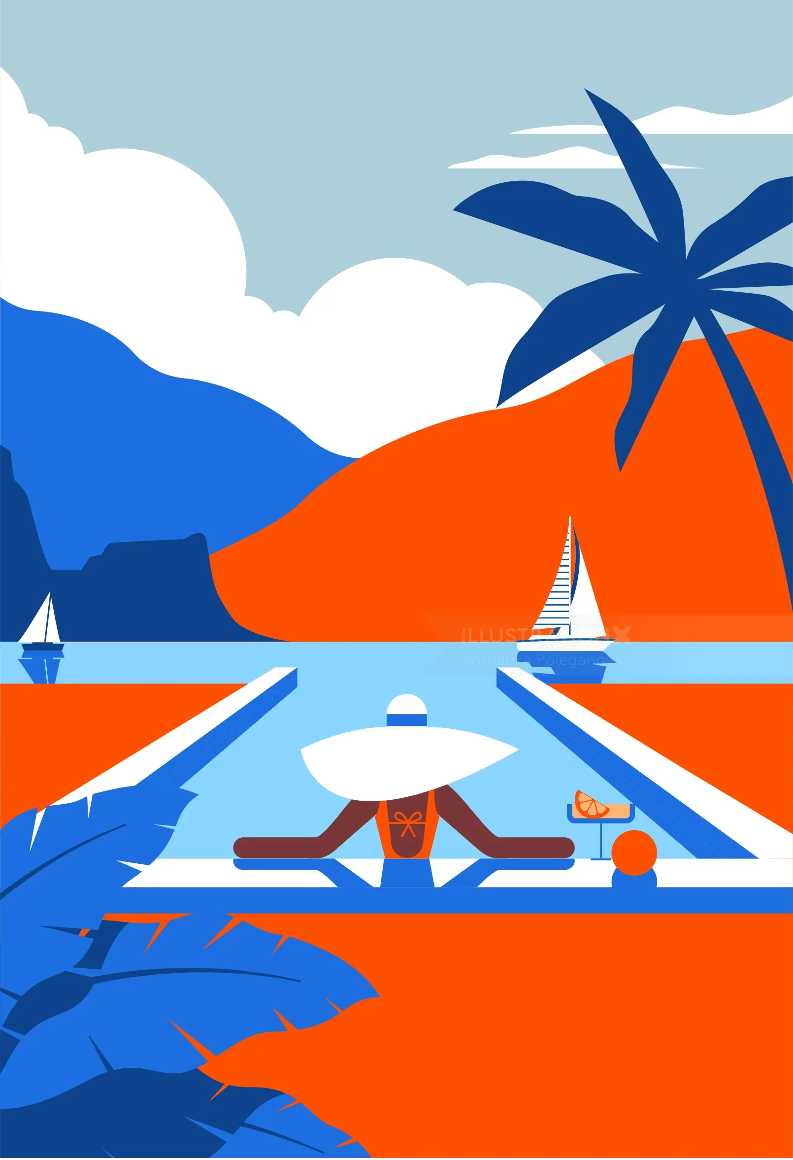 Person lounging at pool with sailboats, palm tree, and mountains