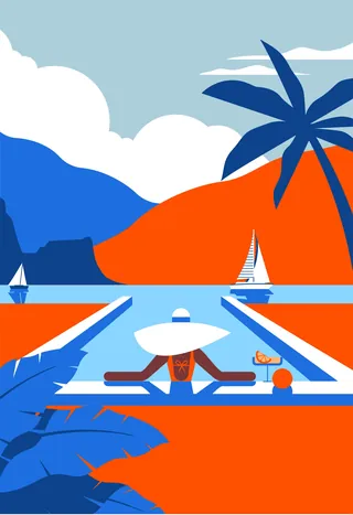 Person lounging at pool with sailboats, palm tree, and mountains