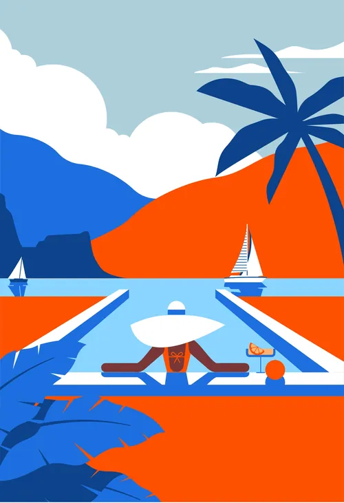 Person lounging at pool with sailboats, palm tree, and mountains