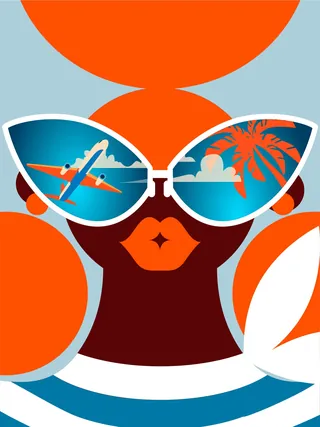 Person wearing sunglasses reflecting a plane and beach palm trees.