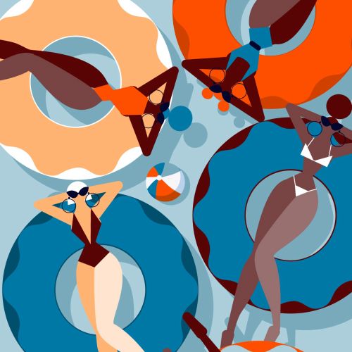 Abstract artwork of women relaxing on circular pool floats in swimsuits