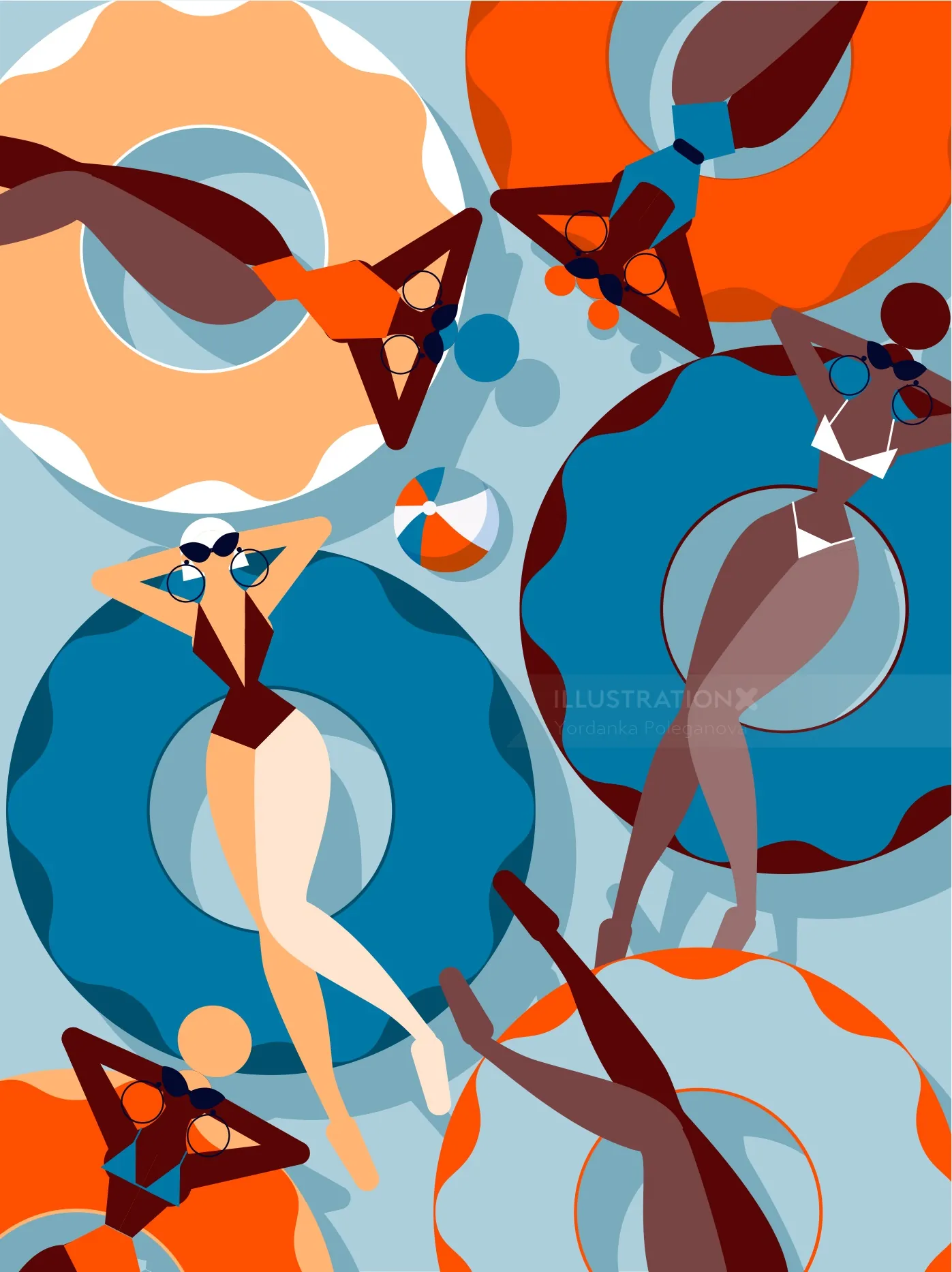 Abstract artwork of women relaxing on circular pool floats in swimsuits