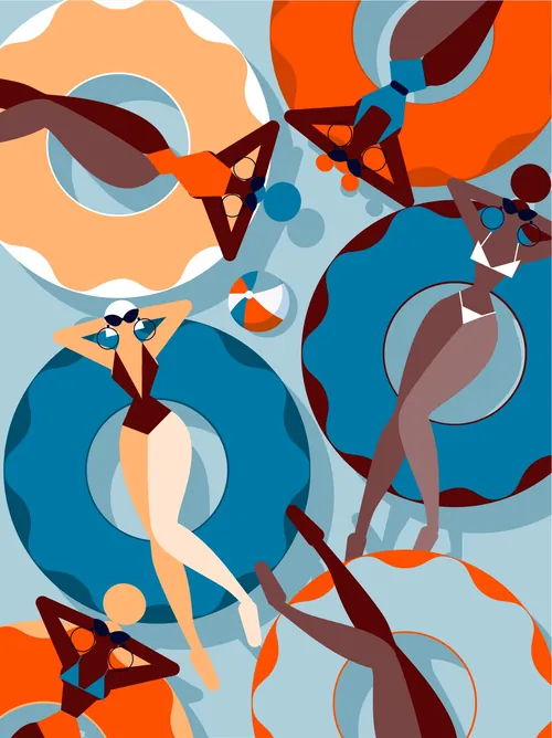 Abstract artwork of women relaxing on circular pool floats in swimsuits