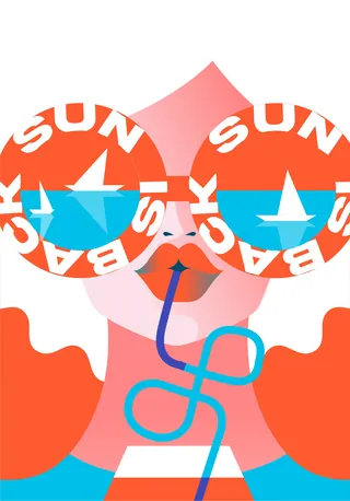 Person with large round sunglasses reflecting stars and a curved blue straw