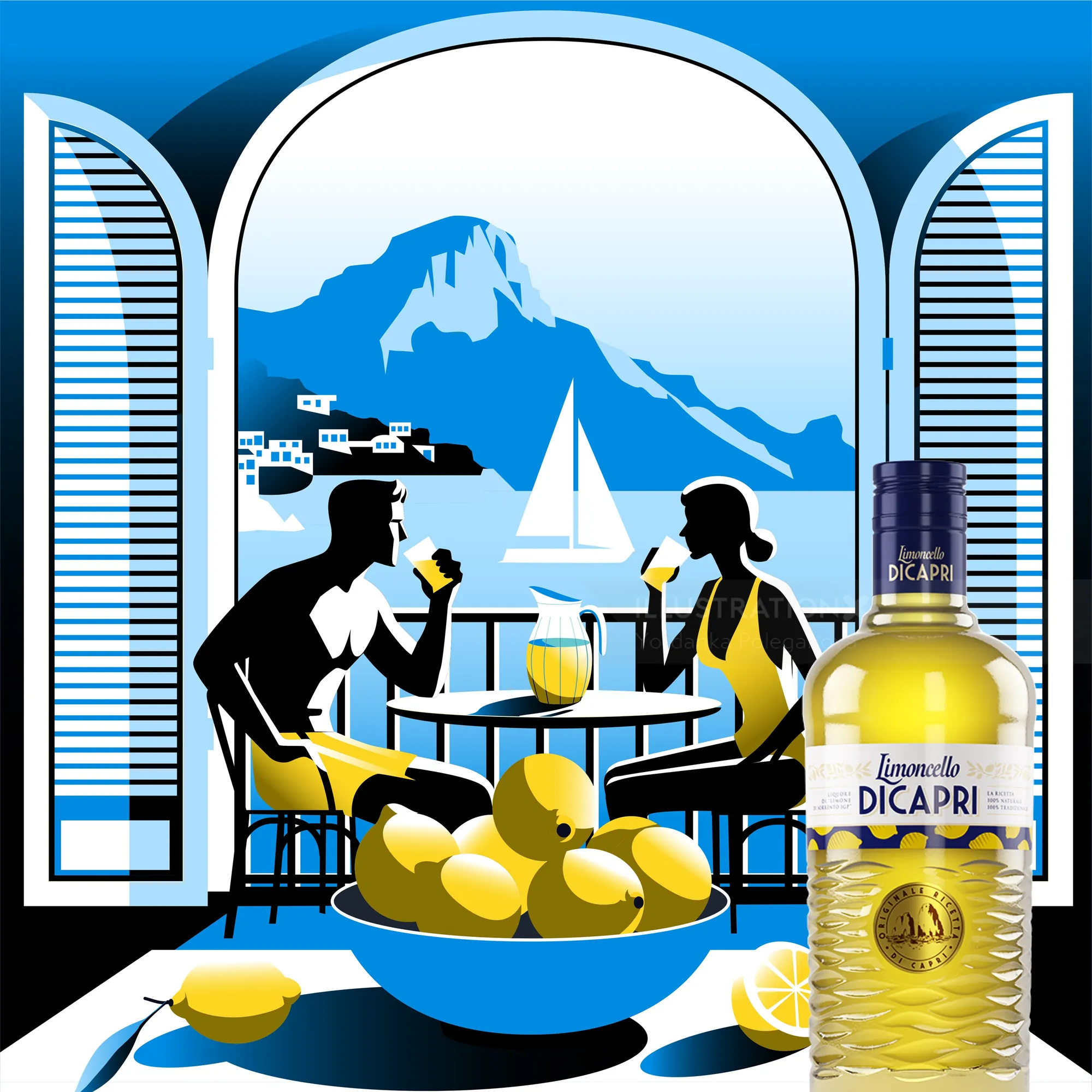 Couple drinking by seaside table with lemons and DiCapri bottle