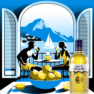 Couple drinking by seaside table with lemons and DiCapri bottle