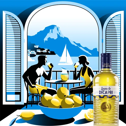 Couple drinking by seaside table with lemons and DiCapri bottle