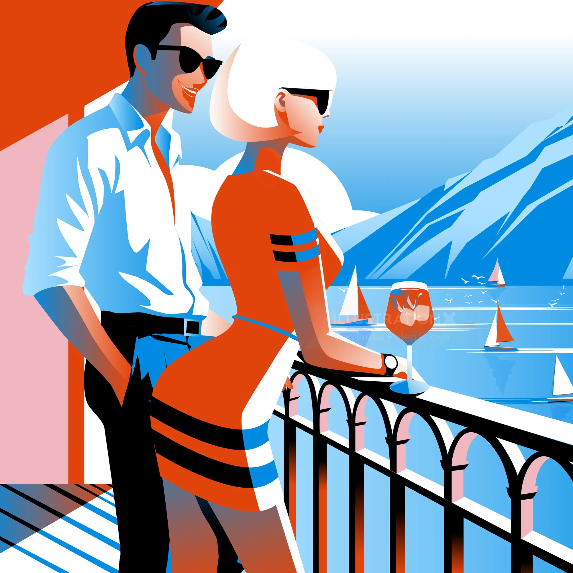 Couple by railing overlooking sailboats on blue sea with mountains