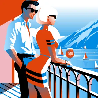 Couple by railing overlooking sailboats on blue sea with mountains
