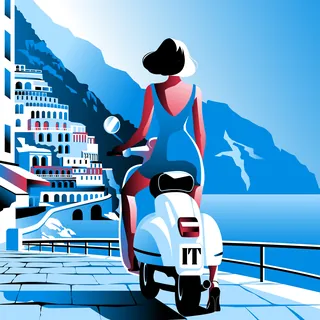 Woman on a scooter riding by seaside cliff buildings