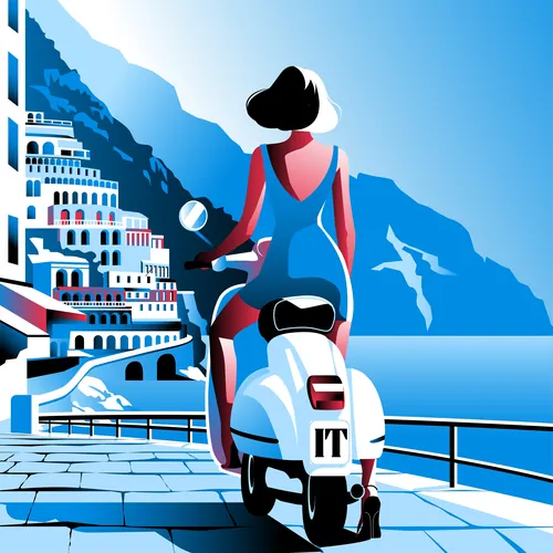 Woman on a scooter riding by seaside cliff buildings