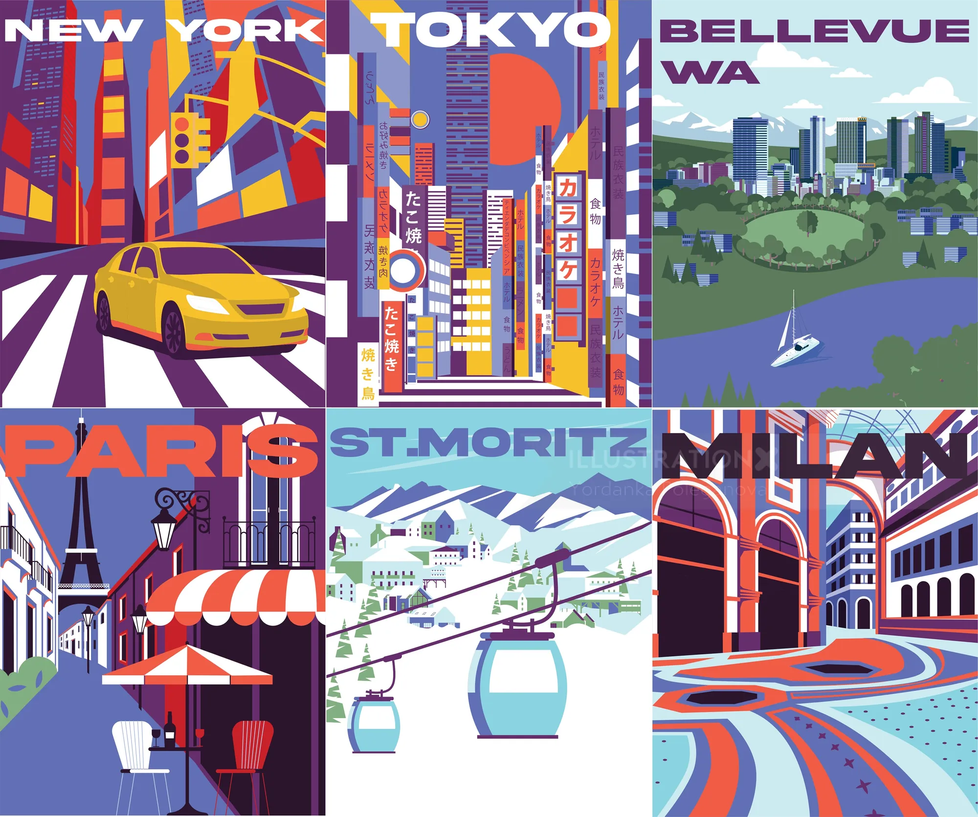 Illustrations of New York, Tokyo, Bellevue, Paris, St. Moritz, and Milan.