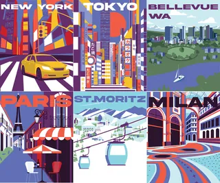 Illustrations of New York, Tokyo, Bellevue, Paris, St. Moritz, and Milan.