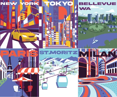 Illustrations of New York, Tokyo, Bellevue, Paris, St. Moritz, and Milan.