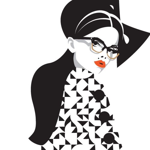 Stylish woman in geometric patterned outfit and glasses by Yordanka Poleganova