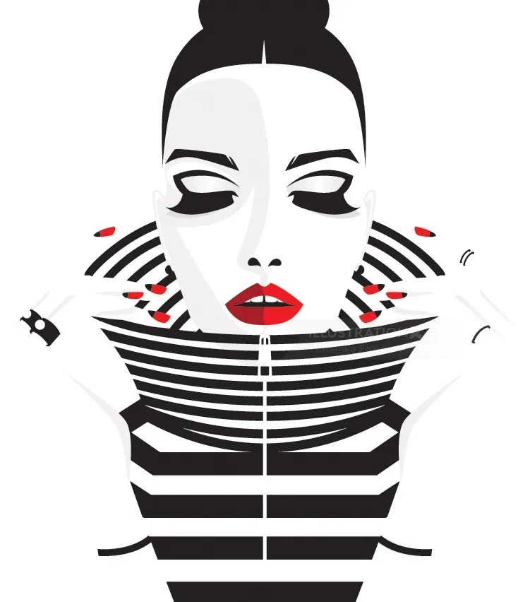Minimalist woman with red lips and striped outfit by Yordanka Poleganova