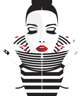 Minimalist woman with red lips and striped outfit by Yordanka Poleganova