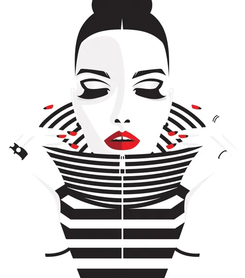 Minimalist woman with red lips and striped outfit by Yordanka Poleganova