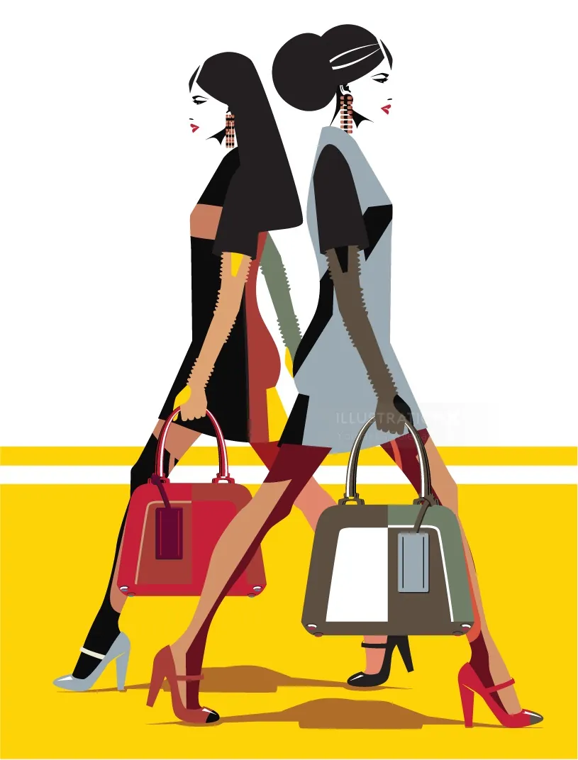 Illustration of two stylish women walking with handbags by Yordanka Poleganova